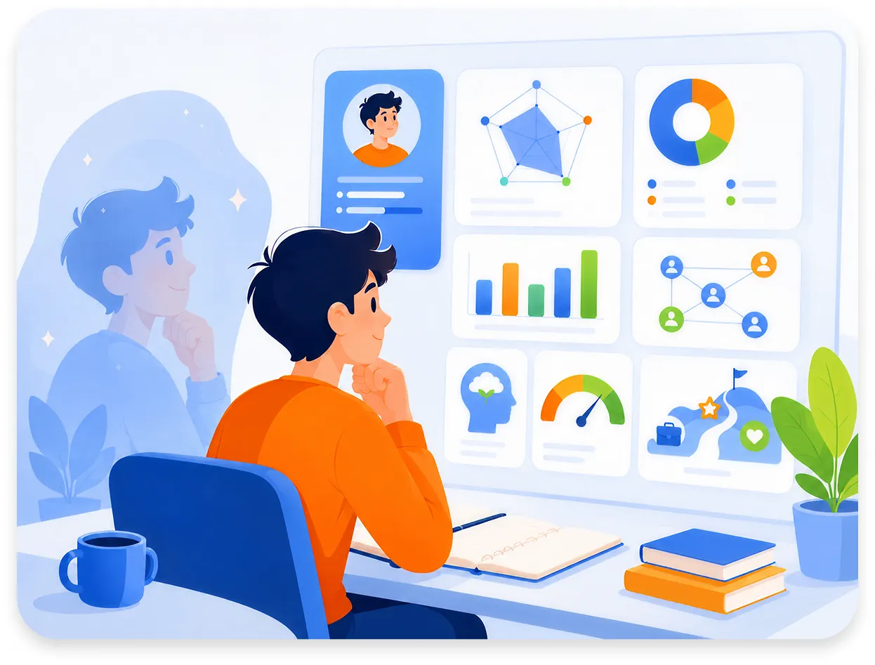 Karakter melihat dashboard penuh insight assessment